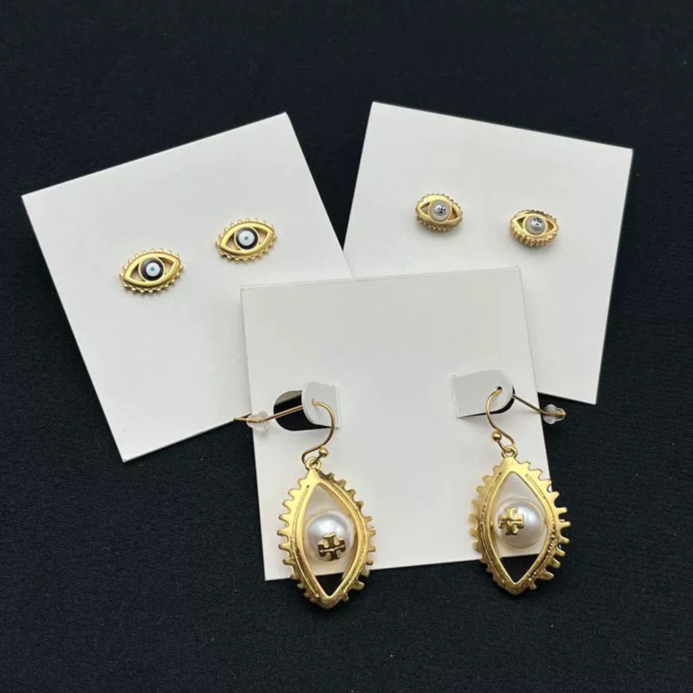 Tory Burch Hand Painted Eye Enamel Pearl Stud Earrings Gold Plated Copper